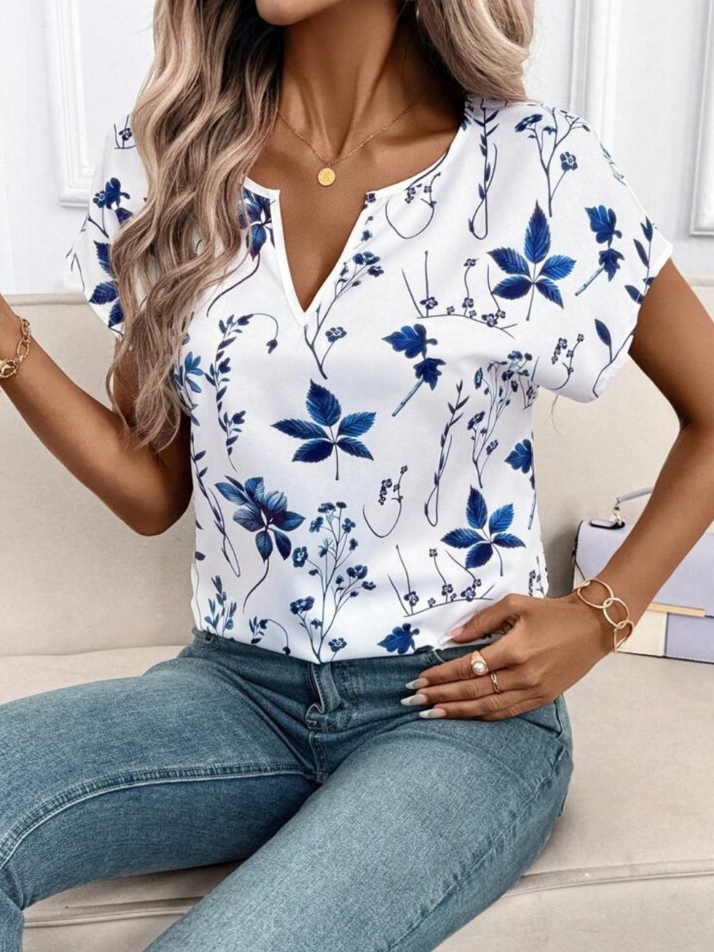 Floral 🦋 Notch-Neck Women's Top - Blue on White